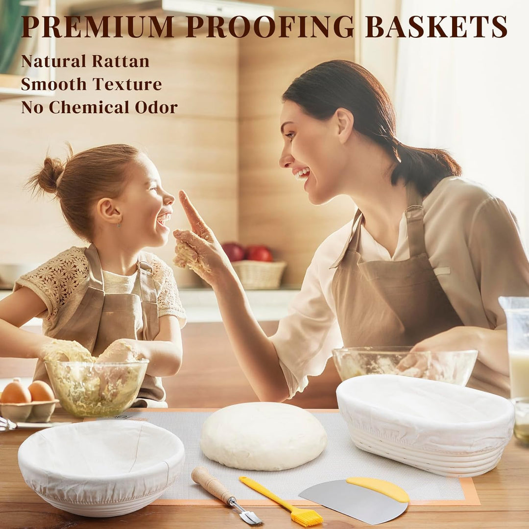Gärkörbchen Set, Sopito Gärkörbchen für Brot 23cm Rund & 24,5cm Oval Gärkorb mit Leinentuch, Teigsch