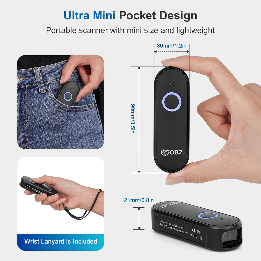 OBZ Mini Bluetooth Barcode Scanner Kabellos, 1D 2D Wireless QR Code Scanner 3-in-1 (USB/Bluetooth/2.
