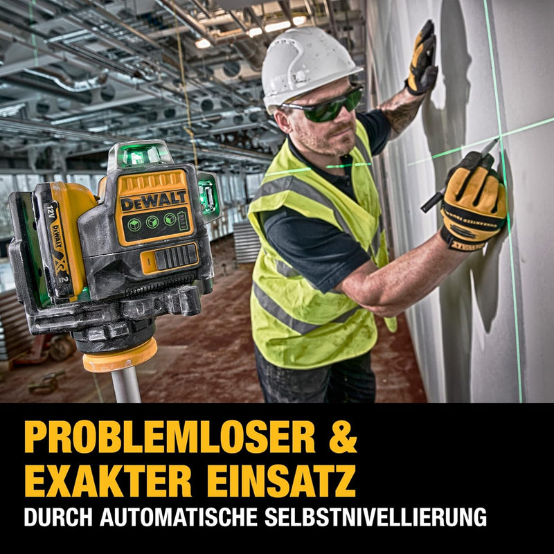 Dewalt Linienlaser (selbstnivellierender 3x360°,10,8V, 2Ah, manueller Modus ab 4° (Blinkmodus), Arbe