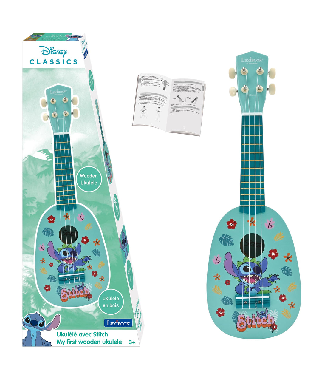 Lexibook, Disney Stitch, Meine erste Holz-Ukulele, 4 Nylonsaiten, 53 cm, inklusive Anleitung, Blau,