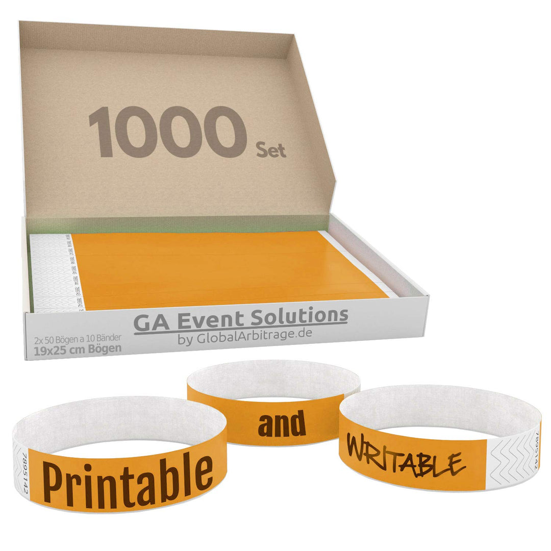 1000 Eintrittsbänder aus Tyvek zum selbst gestalten und bedrucken in Orange von GA Event Solutions -