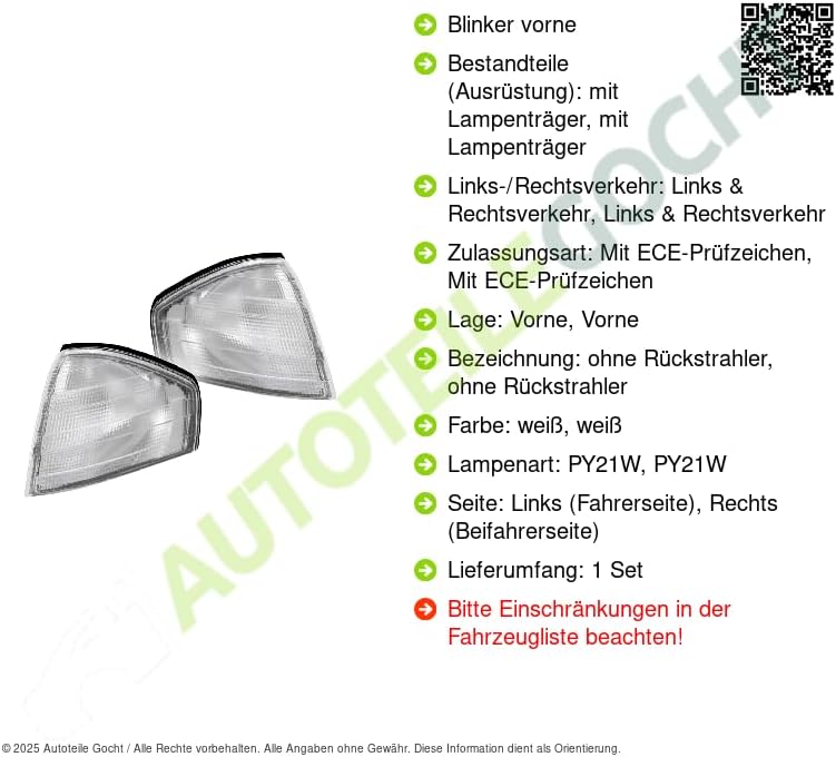Blinkleuchte Blinker weiss links für MERCEDES W129 R129 Cabrio 1992-2001