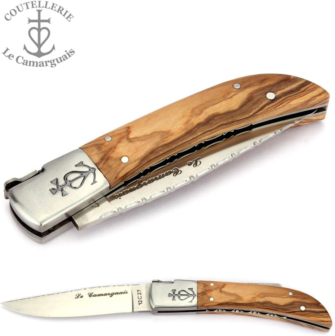 Le Camarguais 12 cm Taschenmesser 20007C - Griffschalen Oliven-Holz - Klinge 10 cm Stahl 12C27-1 Bac