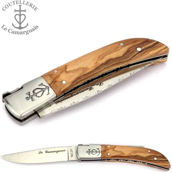 Le Camarguais 12 cm Taschenmesser 20007C - Griffschalen Oliven-Holz - Klinge 10 cm Stahl 12C27-1 Bac