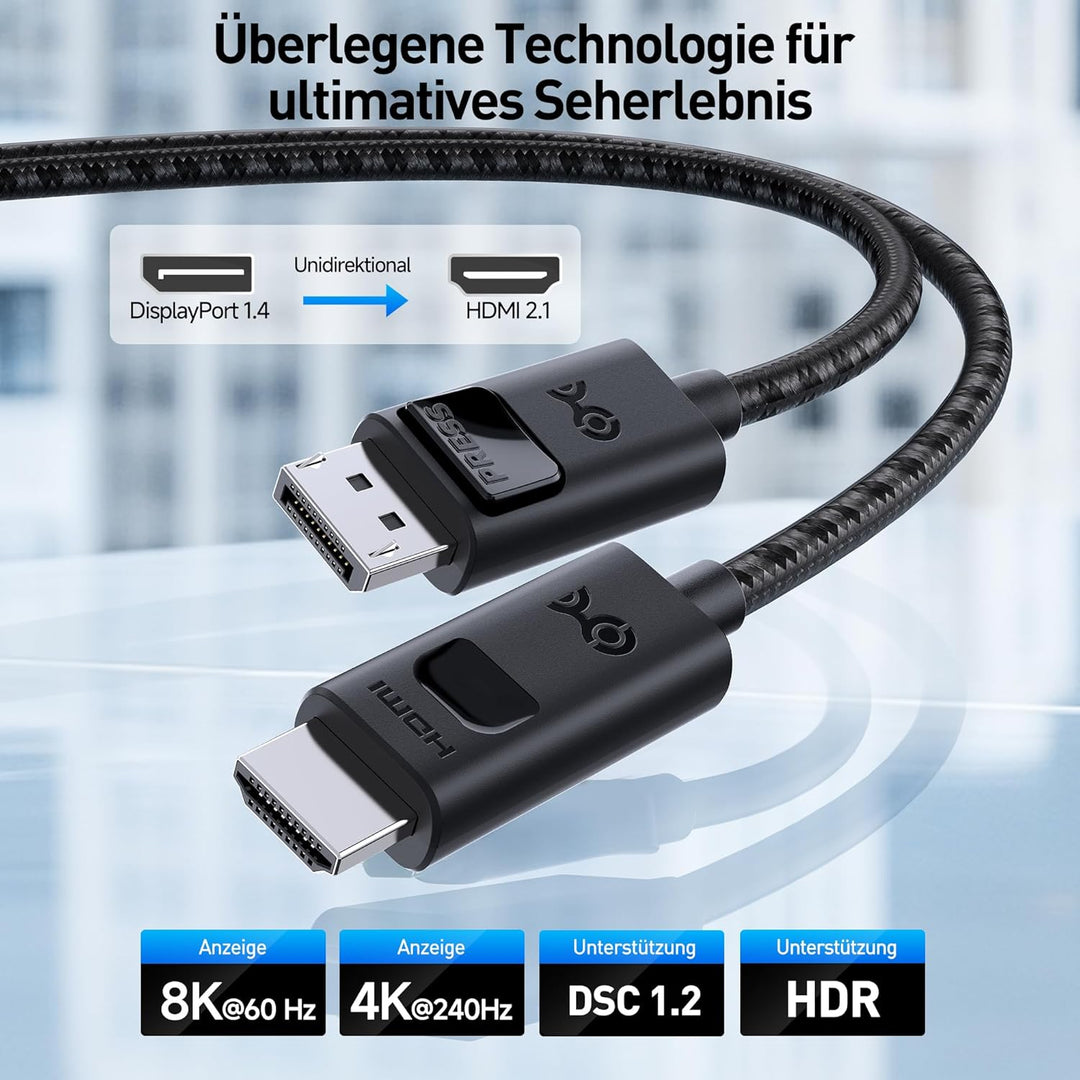 Cable Matters HDMI Displayport Kabel 1.4 mit 4K 120Hz oder 8K - 1,8m, unidirektionalem Displayport a