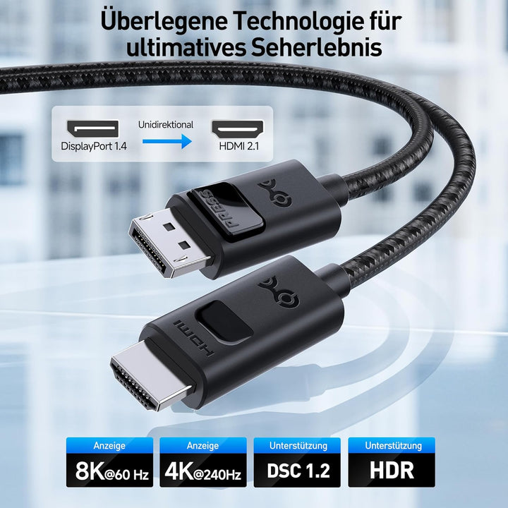 Cable Matters HDMI Displayport Kabel 1.4 mit 4K 120Hz oder 8K - 1,8m, unidirektionalem Displayport a