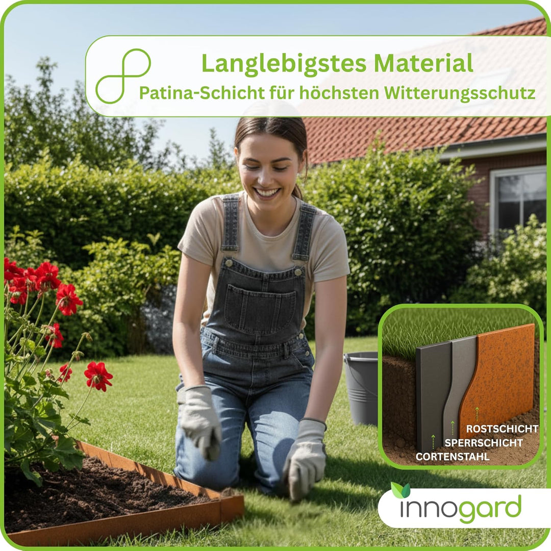innogard Rasenkantenband aus Corten Stahl Edelrost – Höhe 25cm, Länge 10 m, Rasenkante mit Schutzkan