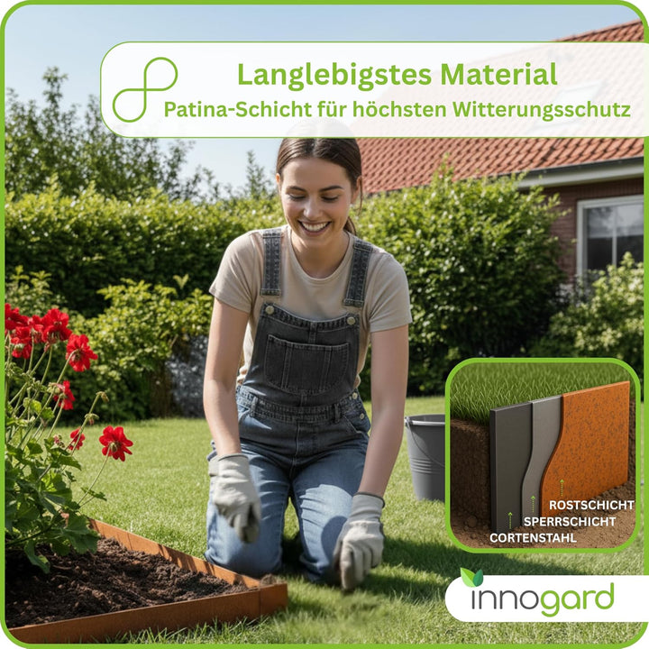 innogard Rasenkante Cortenstahl L5m H15cm - Flexible Beeteinfassung 1 mm stark Rasenkantenband für G