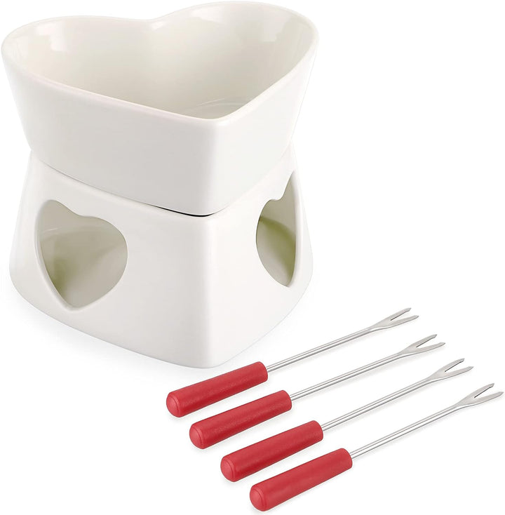 TOLIDA Keramik-Schokofondue-Set Weisser Herzförmiger Schokoladenschmelztopf Käsefonduetopf aus Porze