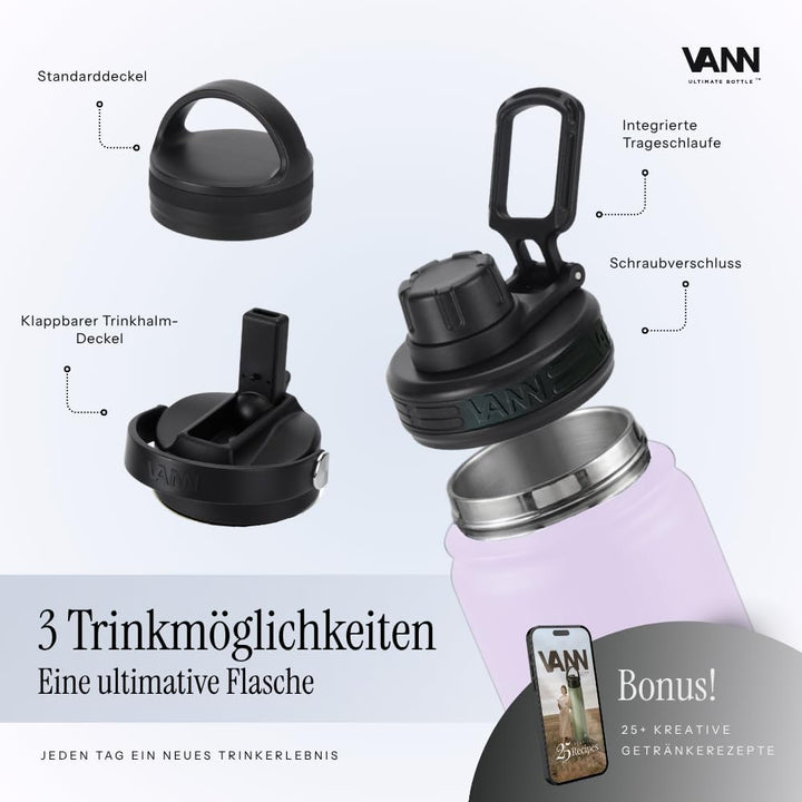 VANN Trinkflasche 650ML mit Strohhalm - 3fach isoliert [24h kalt 12h warm] Love Lila 650 ml, Love Li