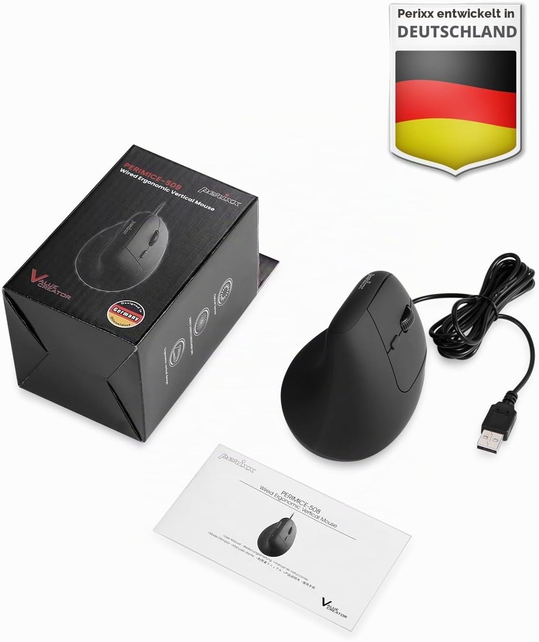 Perixx PERIMICE-508 Programmierbare Ergonomische Maus -Vertikal - Schnurgebunden - 1000/1600 dpi - I