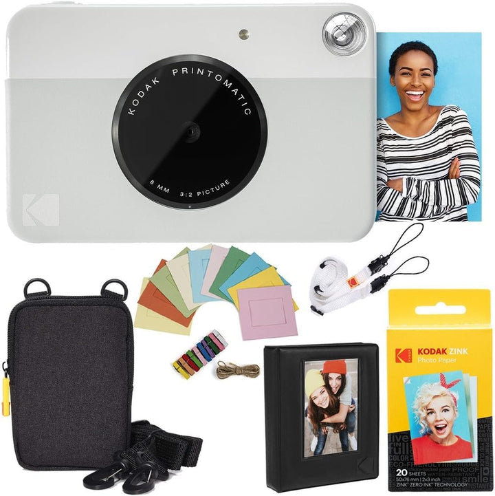 Kodak Printomatic Sofortbildkamera (Grau) Paket + Zinkpapier (20 Blätter) Etui + Fotoalbum + Hängera