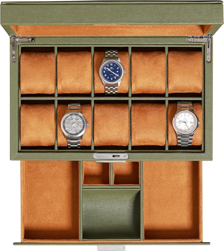 ROTHWELL Leder-Uhrenbox 10 Fächer mit Schublade, Luxus-Uhrenetui mit weichen Kissen, abschliessbarer