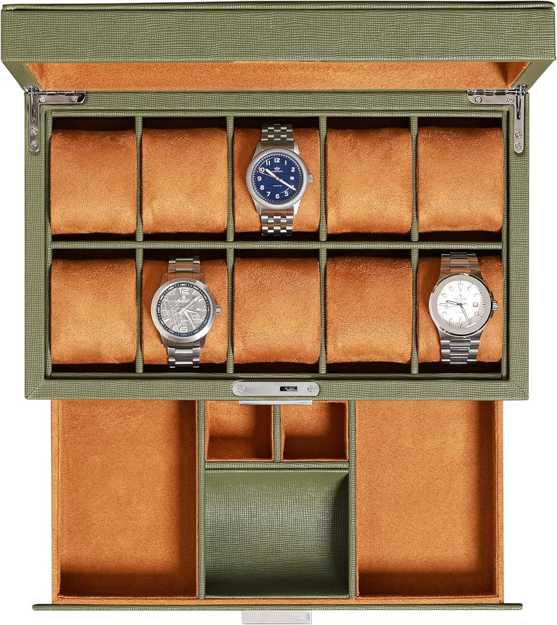 ROTHWELL Leder-Uhrenbox 10 Fächer mit Schublade, Luxus-Uhrenetui mit weichen Kissen, abschliessbarer