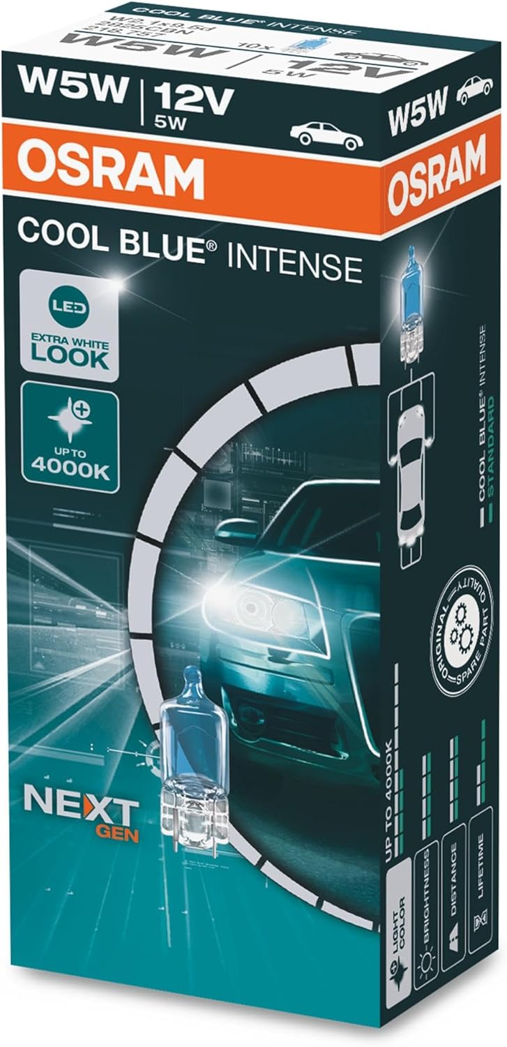 OSRAM COOL BLUE® INTENSE W5W, bis zu 4.000K, Halogen-Signallampe, Faltschachtel (10 Lampen) W5W Falt