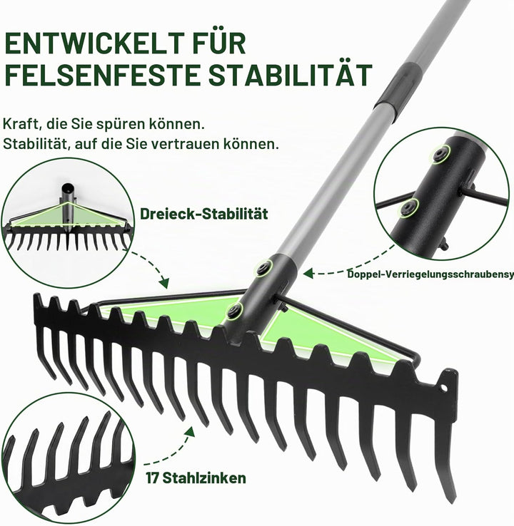 Walensee Garten Rechen, 165cm Metall Rechen , Harke mit 17 Stahlzinken, mit Edelstahlgriff, zum Lock