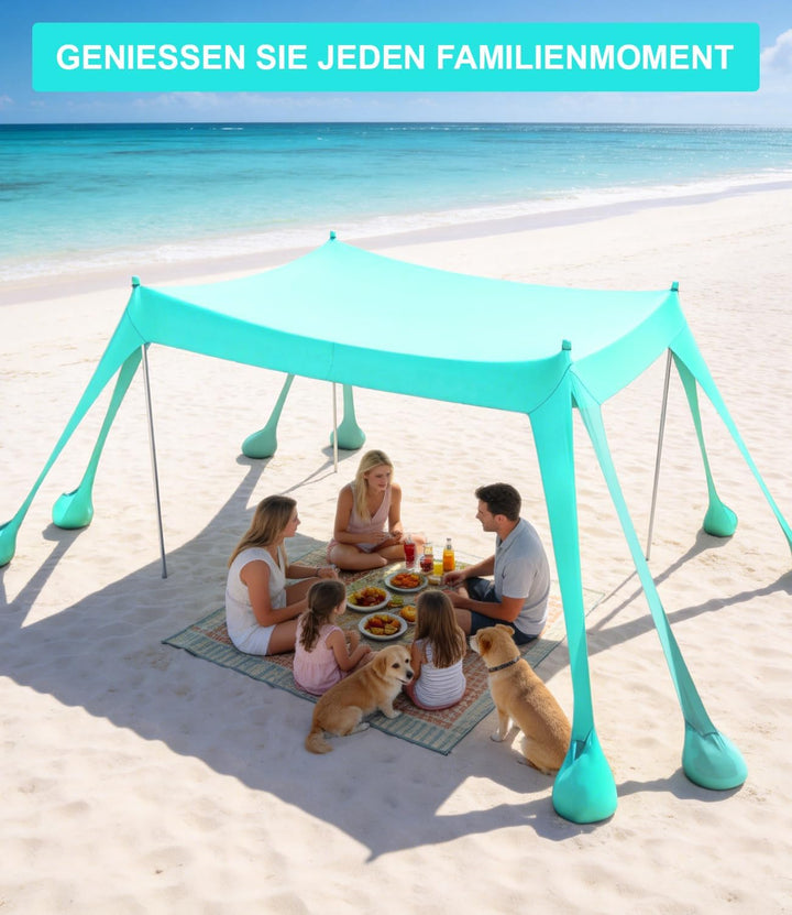 UV Strandzelt UPF50+, 3m x 3m Strandzelt Sonnenschutz Sonnensegel mit 8 Sandsäcken und 2 Sandschaufe