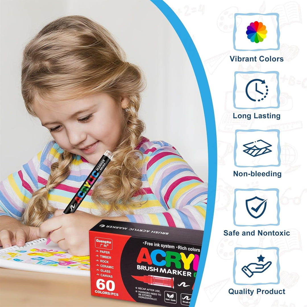Guangna 60 Farben Acrylstifte Marker Set für Stoff, Leinwand, Glas, Holz und Papier, 60