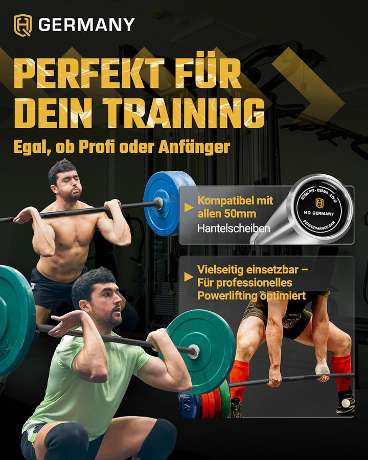 HQ Germany® Powerlifting Olympia Langhantelstange | 50mm, 220cm | 6 Graphitlager | 200.000 PSI, 700k