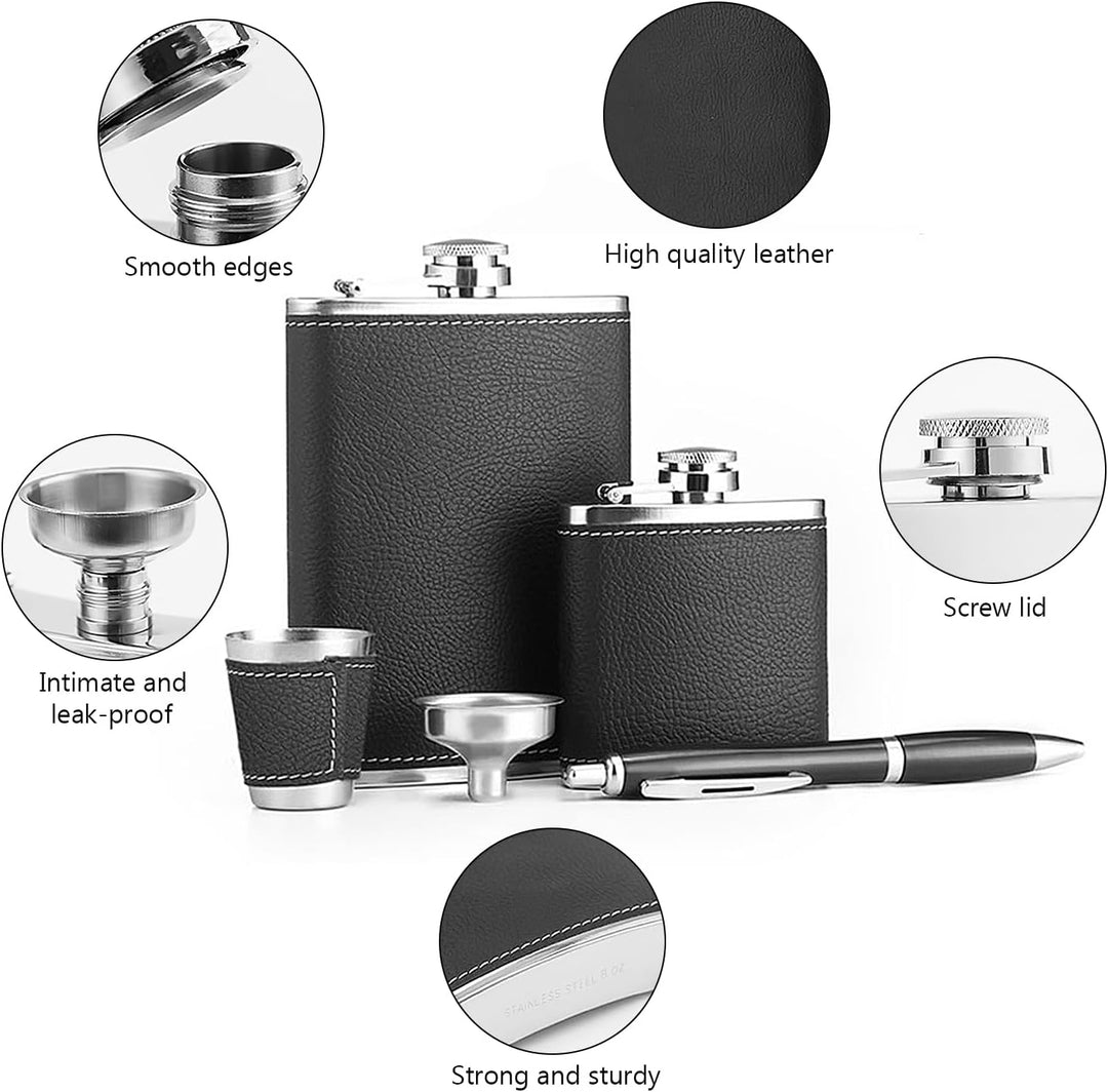 Flachmann Geschenkset Personalisiert 8oz+3oz, Schwarz Leder Mit Schnapsbecher Edelstahl, Signatursti
