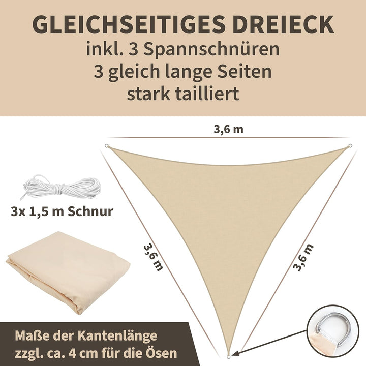 TTL GARDEN 3,6x3,6x3,6m Sonnensegel Dreieck gleichseitig Sand-beige - Premium Polyester 300D 160g/m²