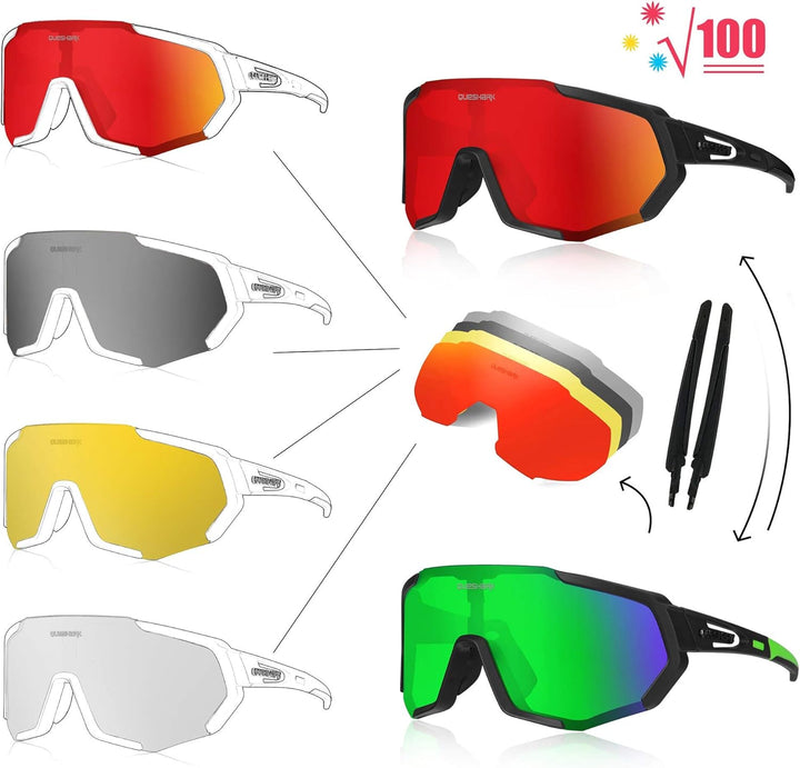 Queshark Sportbrillen Fahrrad Brillen Damen Herren Polarisierte UV400 Schutz mit 5 Wechselgläser Rad