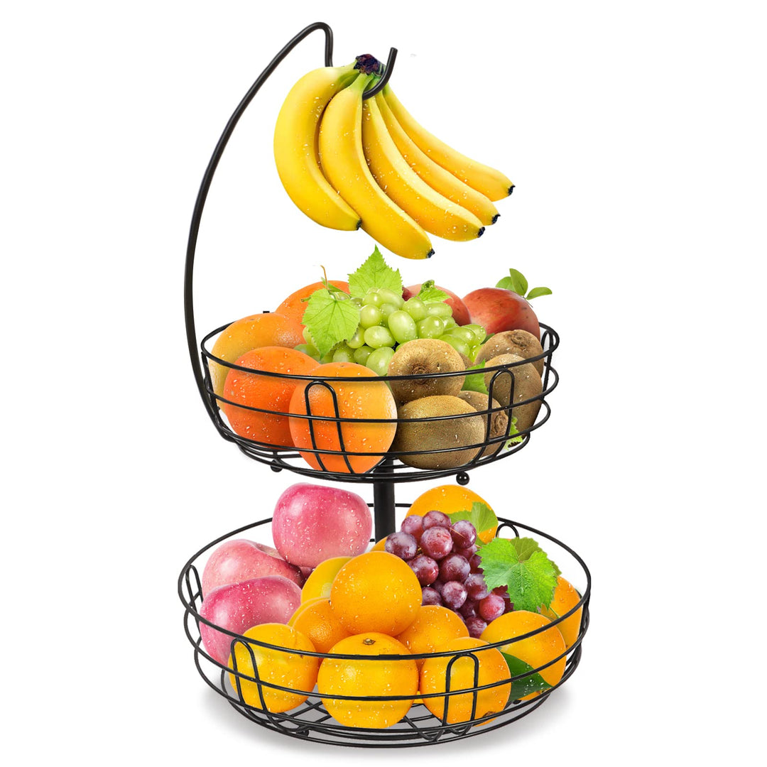 Bomclap Obstkörbe 2 Stöckig Obstkorb Metall Draht mit Bananenhalter, zeitgemässe Obstschale Gemüseko
