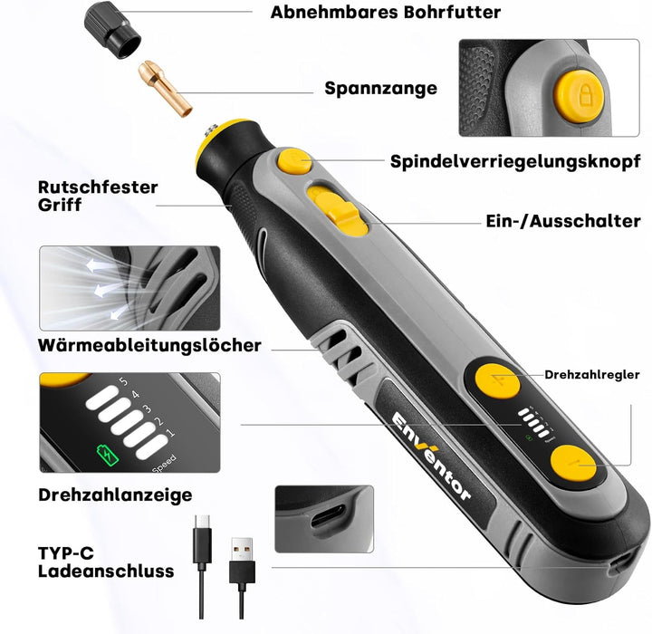 Enventor 8V Mini Multifunktionswerkzeug Akku, 2000 mAh, Rotationswerkzeug-Set, 5 Variable Geschwindi