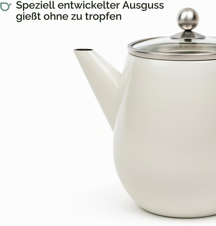 Doppelwandige Teekanne 1.1 Liter mit Filtersieb - isolierende weisse Edelstahl Kanne mit Glasdeckel
