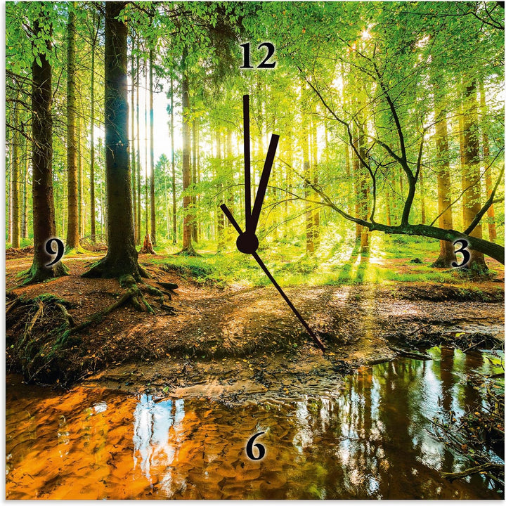 ARTLAND Wanduhr ohne Tickgeräusche Leinwand Quarzuhr 30x30 cm Quadratisch Lautlos Wald Landschaft Na
