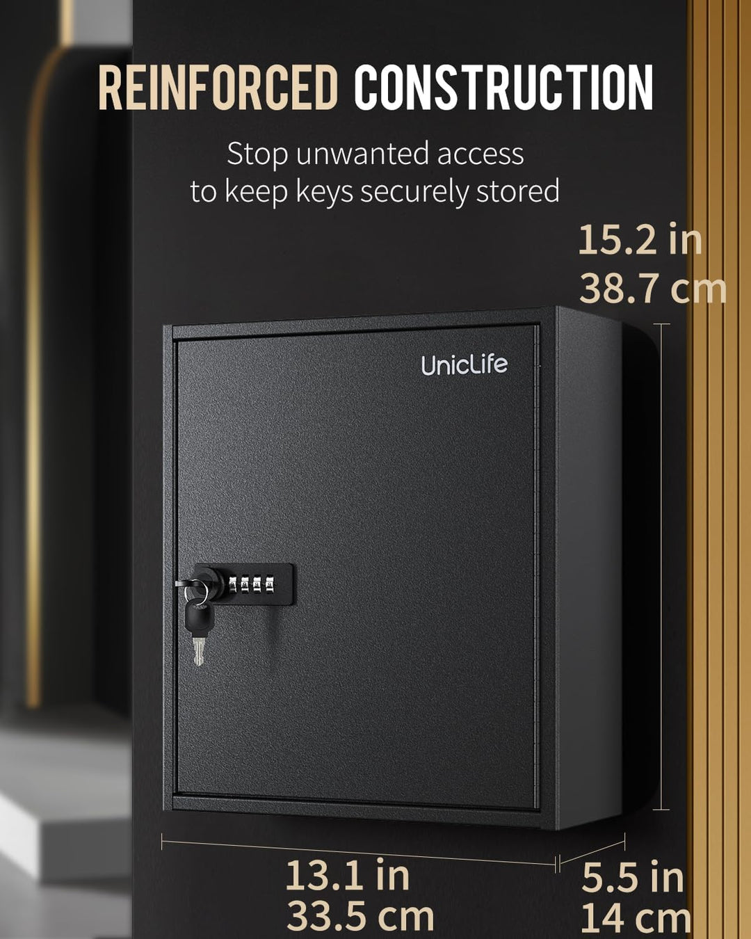 Uniclife 60 Positionen Schlüsselschrank mit Kombination und Schlüsselschloss, zurücksetzbar, schwarz