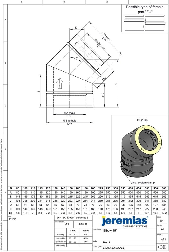 Jeremias DW-FU Edelstahl Abgas Winkel 45 Grad 200mm Doppelwandig CE Zertifiziert 200 mm Silber, 200