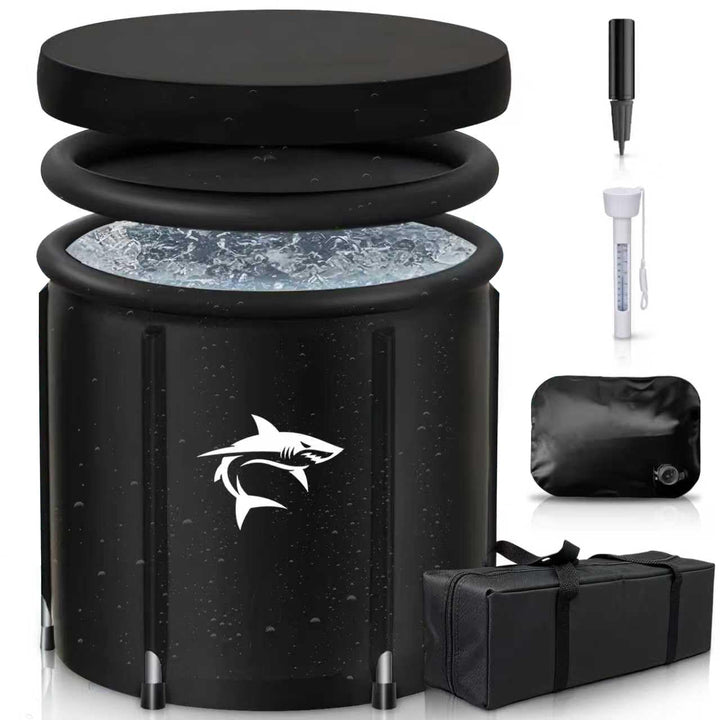 Eisbaden Tonne mit Kühlsystem (80 cm Ø) XL, Eistonne Eisbaden mit 8 Edelstahlstangen, Sporttasche/Hi