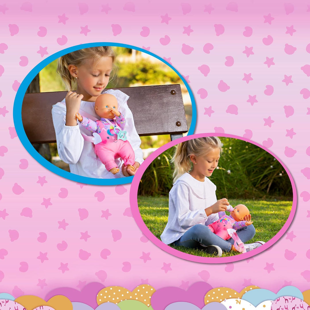 Nenuco - Spazieren gehen, Babypuppe 35 cm mit weichem Körper, Zubehör und Babytrage, um sie überall