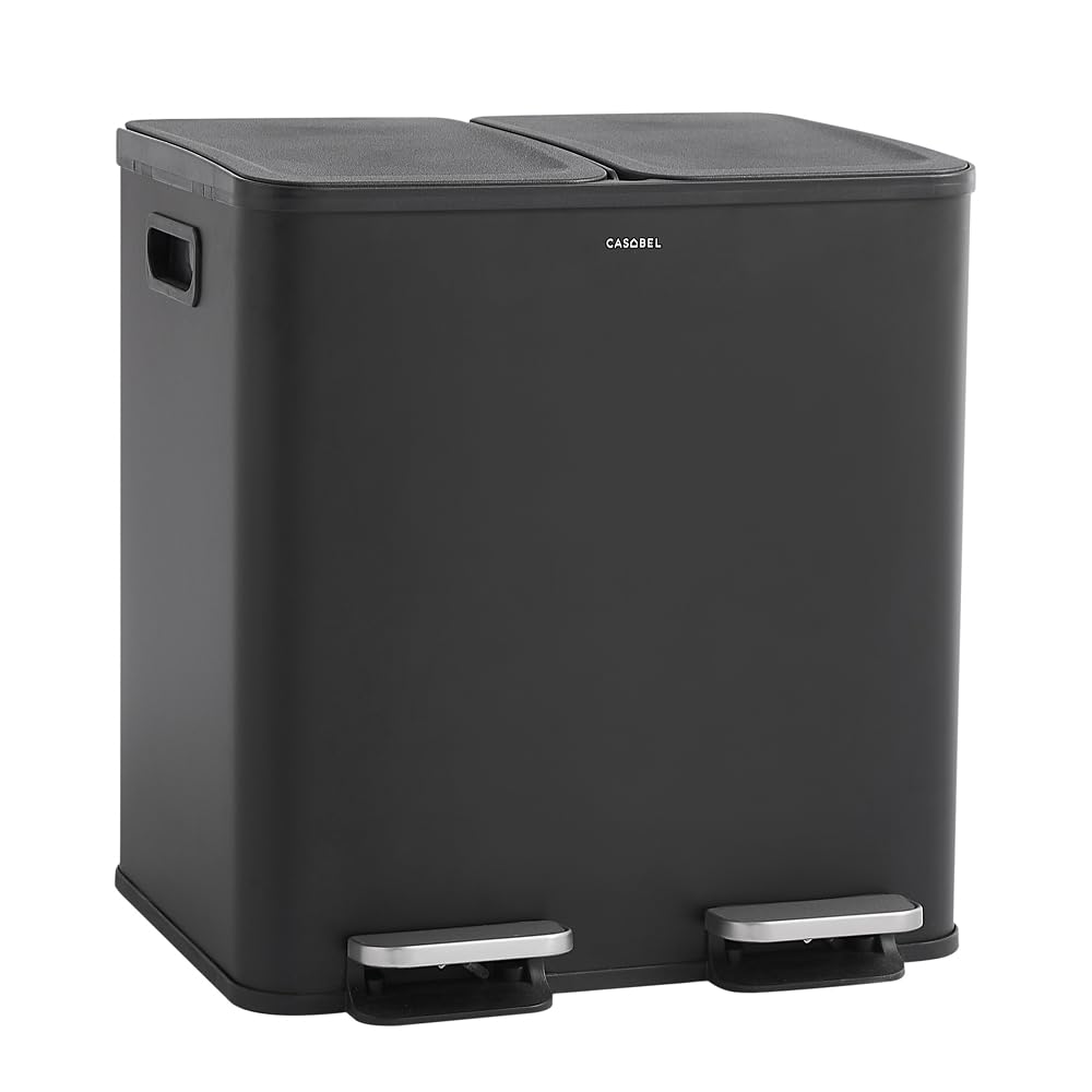 CASABEL Mülleimer Küche mit 2 Fächern, 2x15L, Tretmülleimer aus 100% Edelstahl, fingerabdruckresiste