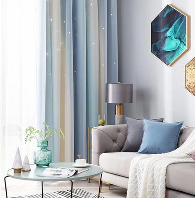 Freyamy Gardinen Blau Beige Weiss Glänzend Sterne Vorhänge Blickdicht Kinderzimmer Halbtransparent H