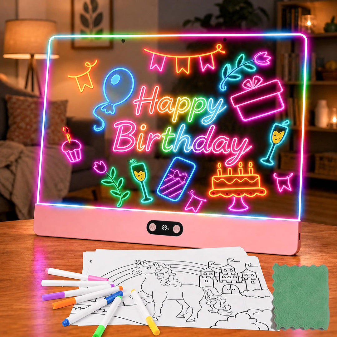 LED Zeichenbrett mit digitaler Akkuanzeige – 35x26cm Acryl Maltafel (Pink) mit 8 Farben & 7 Neon-Sti