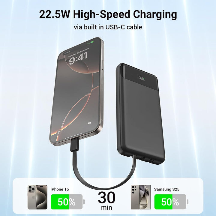 Powerbank 20000 mAh mit Integrierten 3 Kabeln, 22,5 W Schnellladung Power Bank Tragbares Ladegerät P
