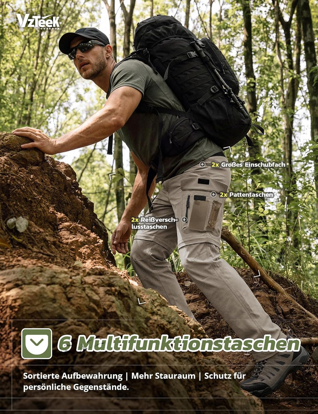 Vzteek Herren Wanderhose Zip Off Trekkinghose Outdoorhose Sommer Softshell Stretch Hose Kurz für Wan