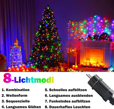 Meision Lichterkette Aussen Innen LED Lichterkette 20m 200LED mit Timer 8 Modi Speicherfunktion IP44