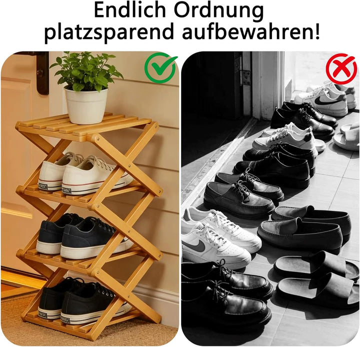 Klappbarer 4-Fach Schuhständer aus Bambus, Höhenverstellbar & Montagefrei – Platzsparender Schuhorga
