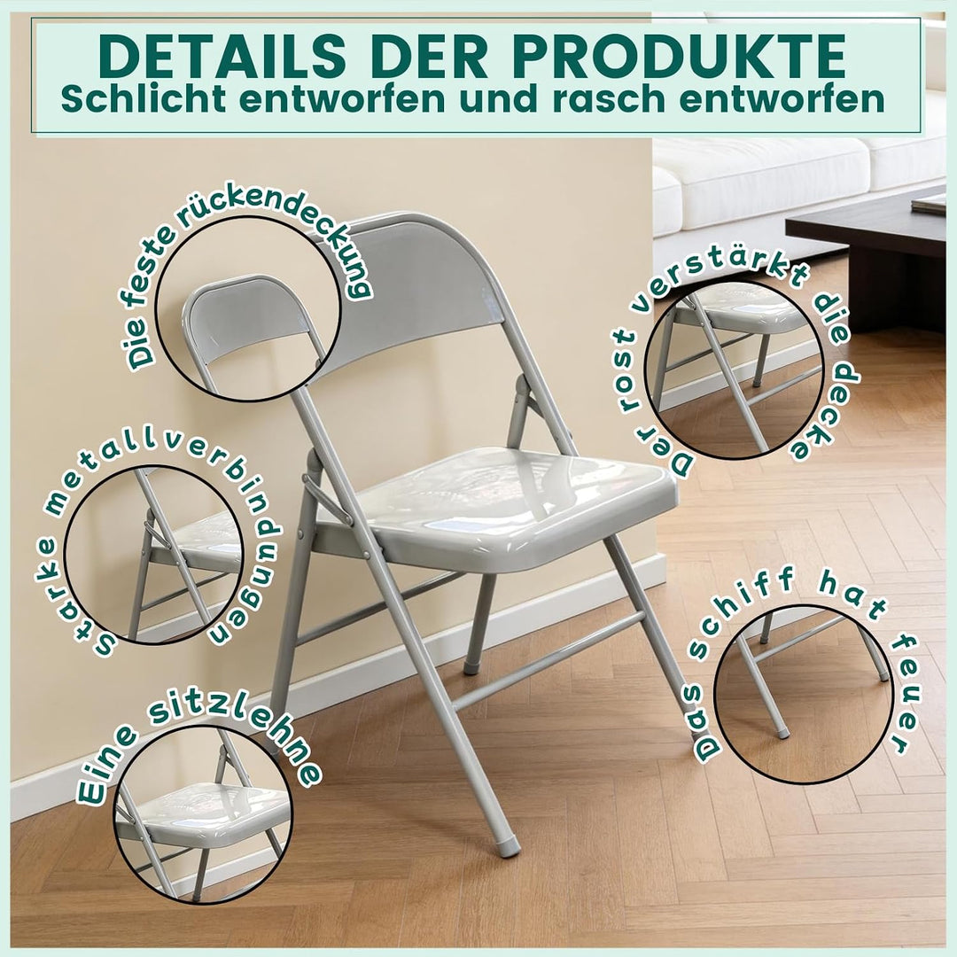 Vollstahl-Klappstuhl 4er Set, Schwerlast-Metallklappstuhl, Ergonomische Rückenlehne, Leicht &amp; platzs