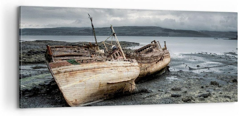 Panorama Bilder auf Leinwand 100x40cm Leinwandbild mit Rahmen Boot Wrack Ufer Gross Wanddeko Bild Sc