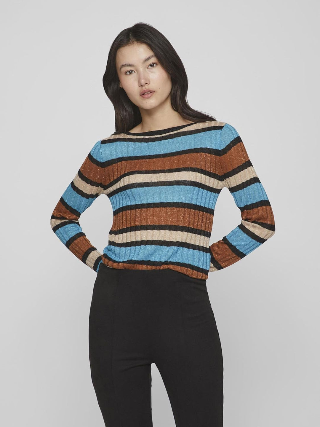 Vila Damen Viember New L/S Glitter Knit Top/Su Langarmshirt L Tahitian Teal/Stripes:doeskin/Caramel