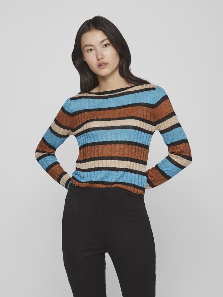 Vila Damen Viember New L/S Glitter Knit Top/Su Langarmshirt L Tahitian Teal/Stripes:doeskin/Caramel