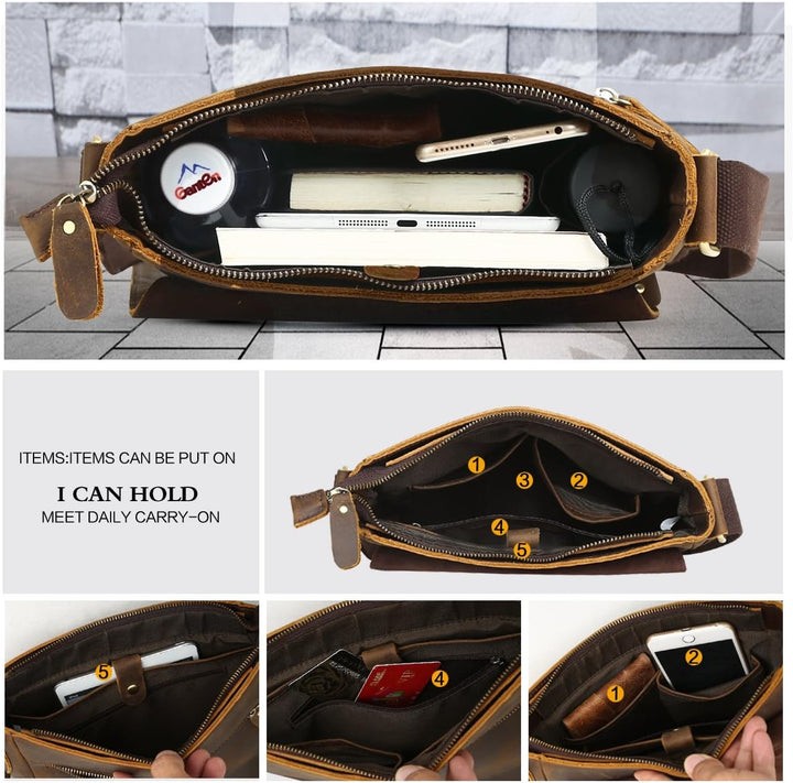 Leathario Herren Leder umhängetasche messger Bag Ledertasche für Business Retro Dunkelbraun671, Dunk