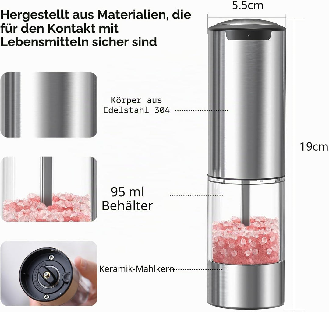 Wiederaufladbares Elektrisches Salz und Pfeffermühlen Set mit Sockel, Gewürzmühlen aus Edelstahl mit