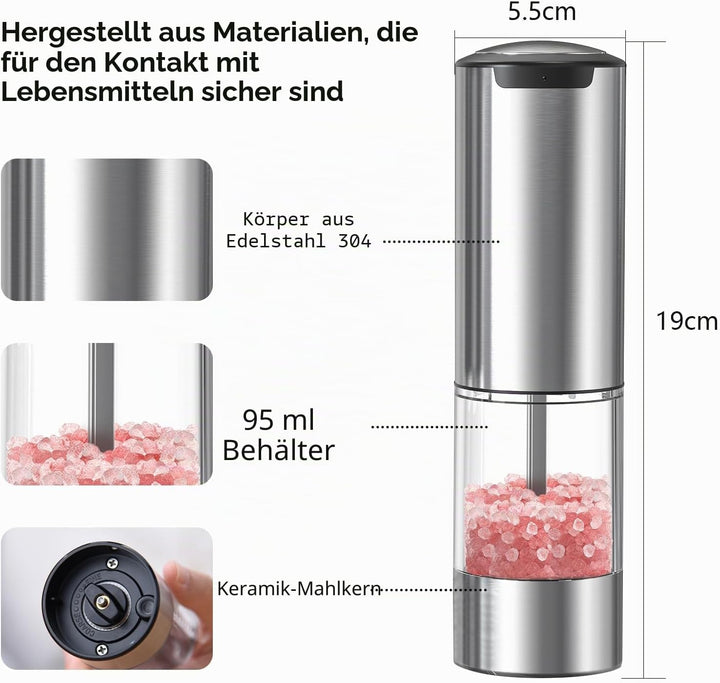 Wiederaufladbares Elektrisches Salz und Pfeffermühlen Set mit Sockel, Gewürzmühlen aus Edelstahl mit