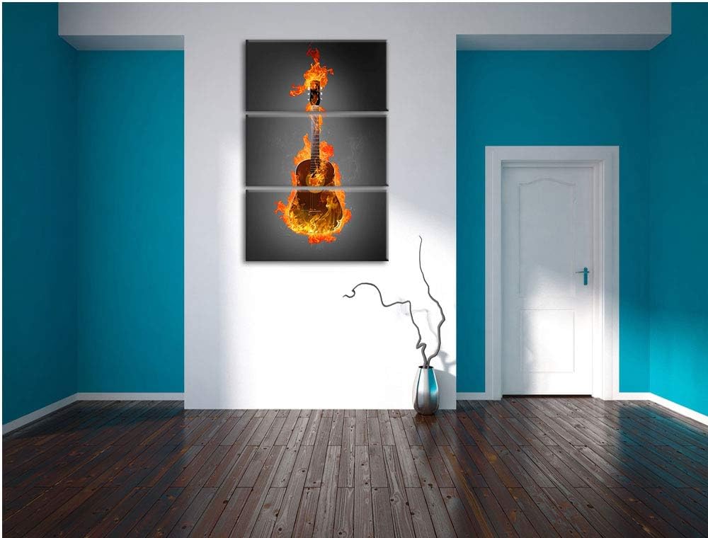 Pixxprint Brennende Gitarre Heisse Flammen als Leinwandbild | Grösse: 3 Teilig (120x80) | Wandbild|