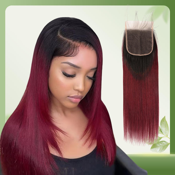 Brazilian Ombre 1B99J Straight 4X4 Lace Closure 100% Unprocessed Human Virgin Hair Red Wine Pre-Pluc